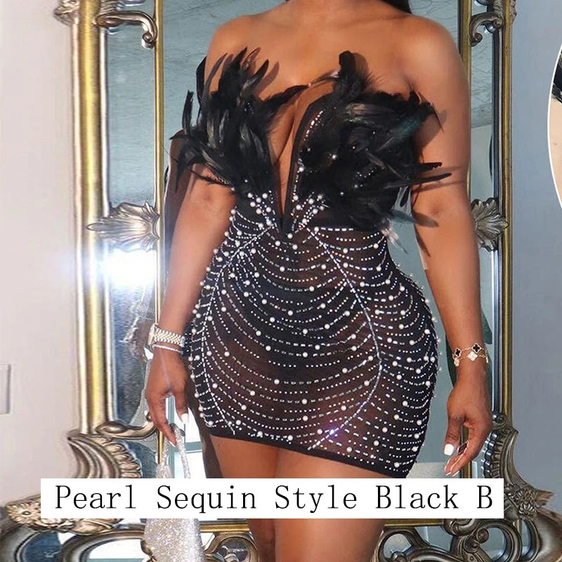 Black Sequin Feather Tube Dress