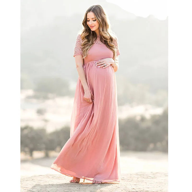 Short Sleeve Lace Chiffon Maternity Dress