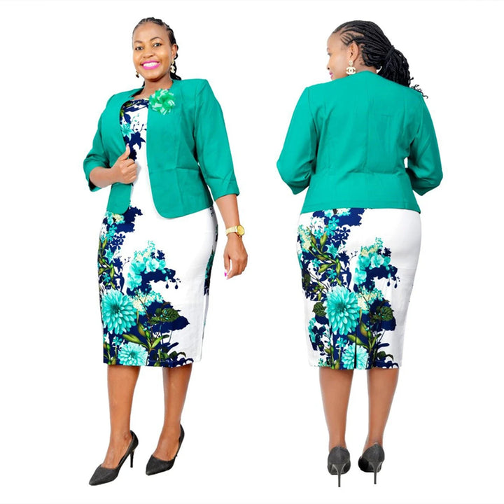 African Style Plus Size Solid Color Coat and Dress Set