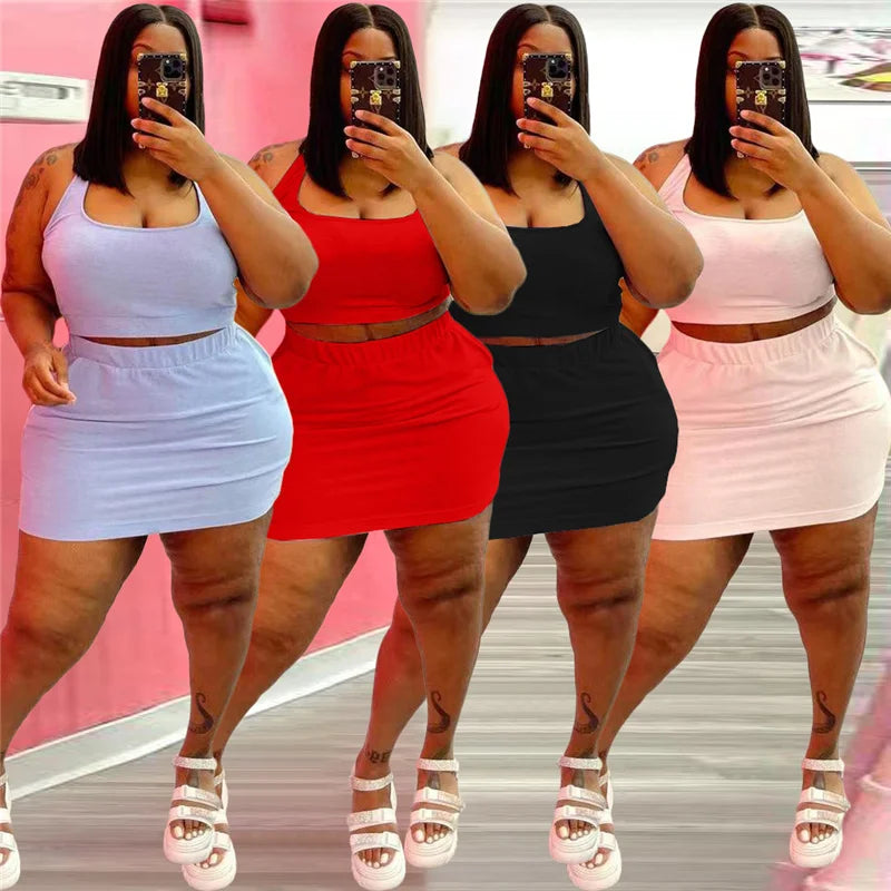 Summer Plus Size Two-Piece Crop Top Skirt Set