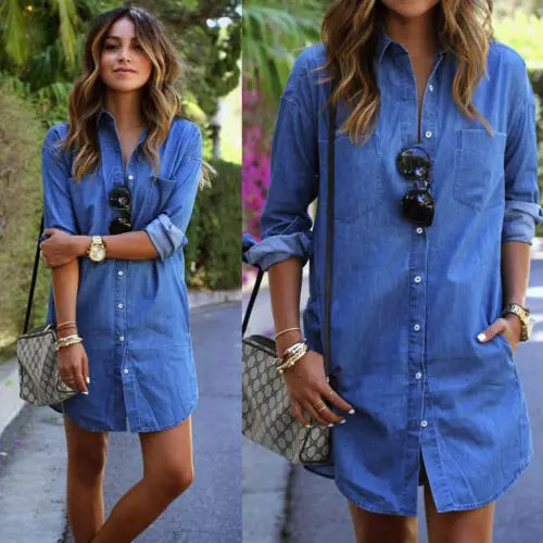 Factory Direct Women Denim Button Shirt Dress