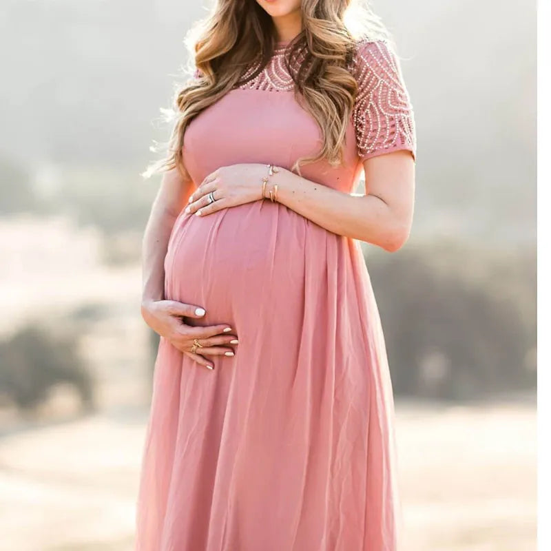 Short Sleeve Lace Chiffon Maternity Dress