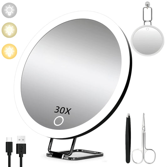 30x Magnifying Travel Makeup Mirror with Lights