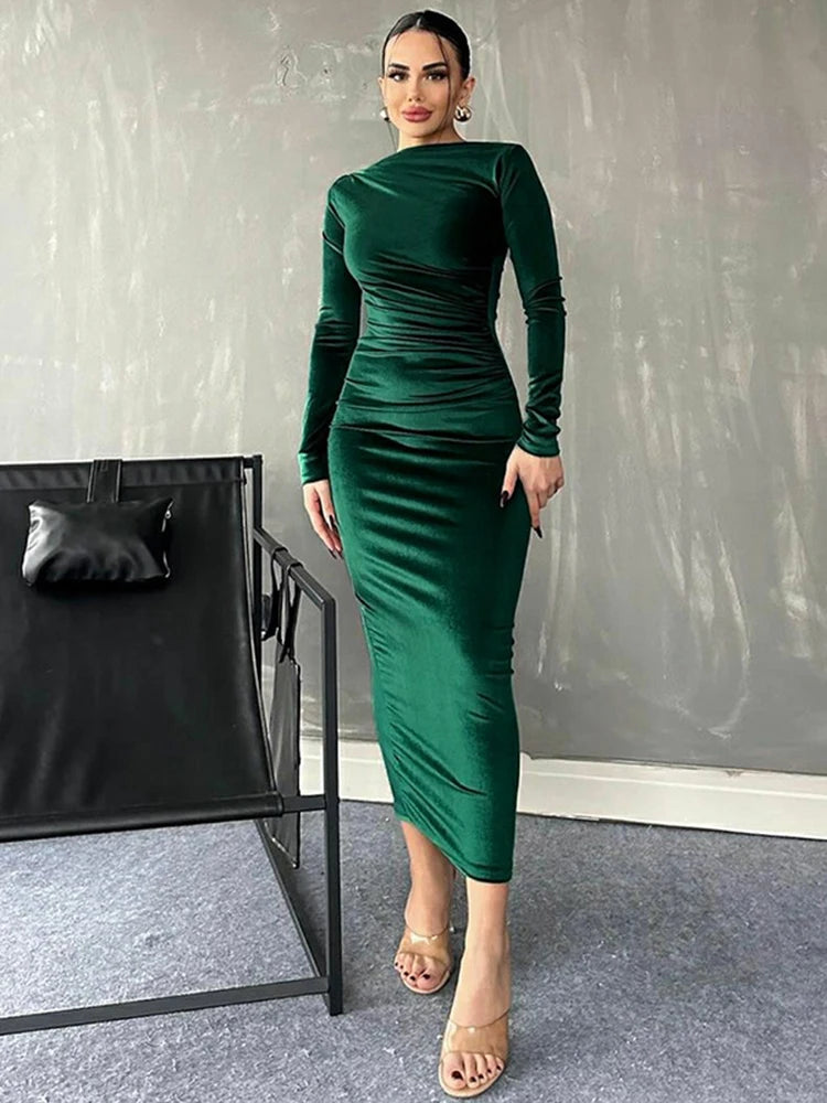 Spring Summer Velvet Long Sleeve Ruched Midi Dress