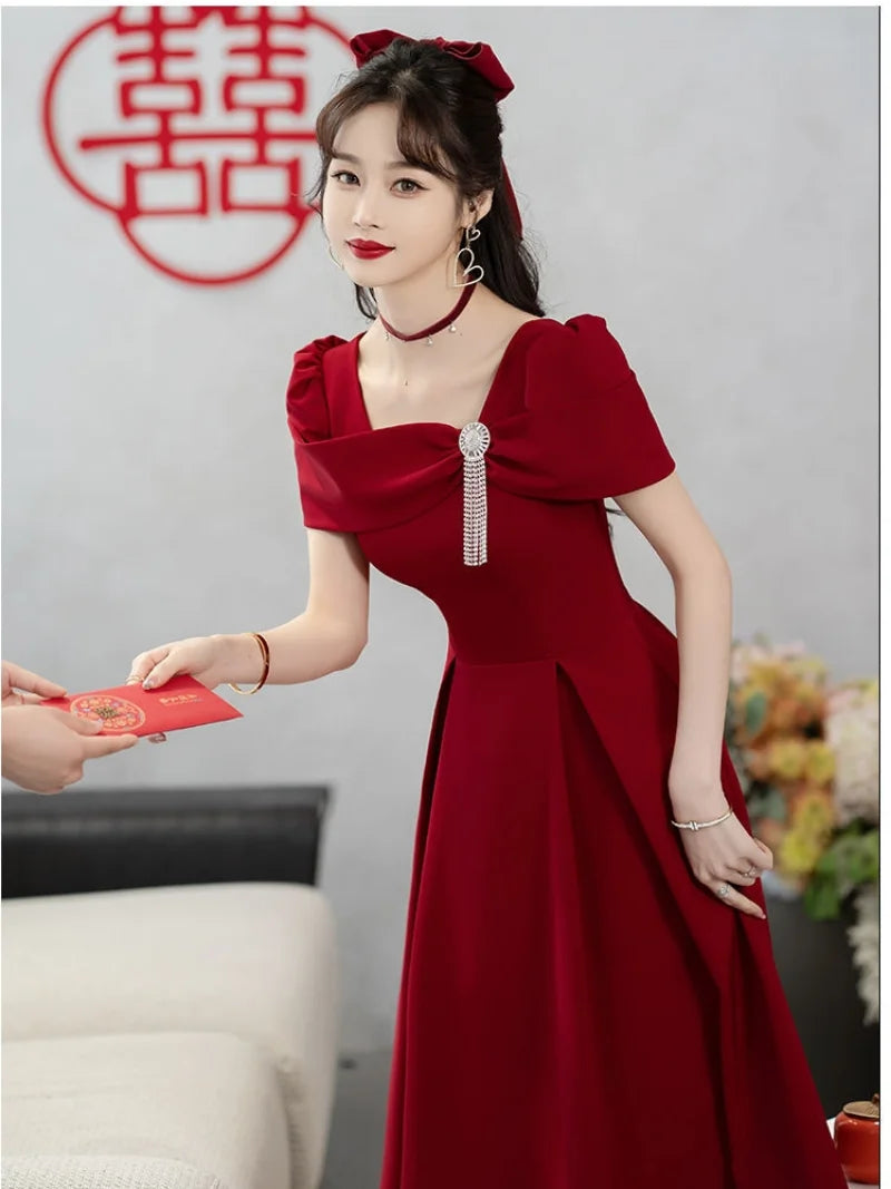 Elegant Solid Color Square Collar Long Sleeve A-line Dress