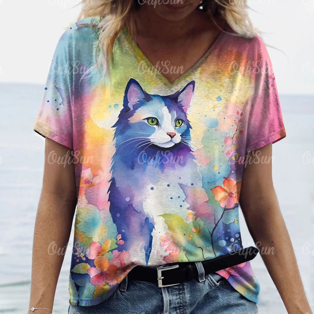 Oversized Cat Print Crew Neck Casual T-Shirt