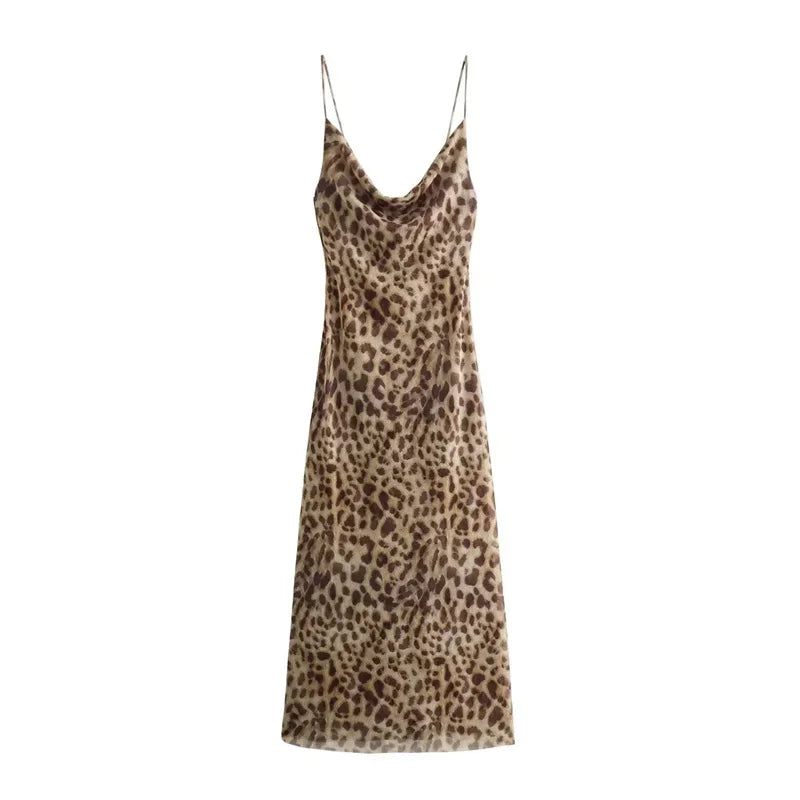 Leopard Print Tulle Backless Slip Midi Dress for Women