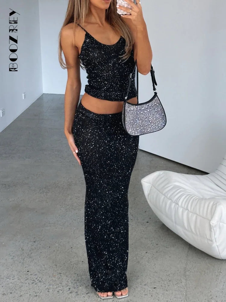 Glitter Halter Dress 2-Piece Set Sleeveless Top & Skirt