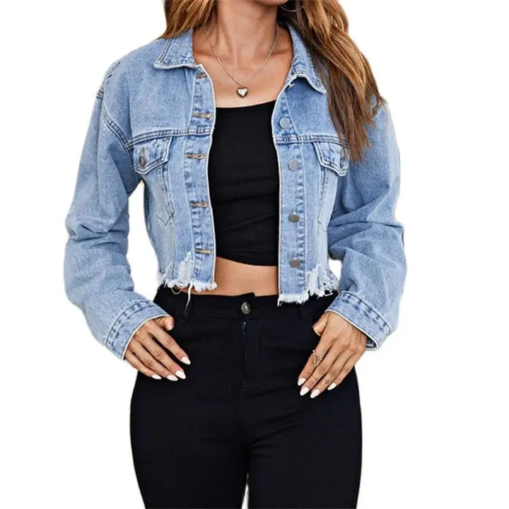 Fashion Broken Holes Tassel Hem Denim Jacket