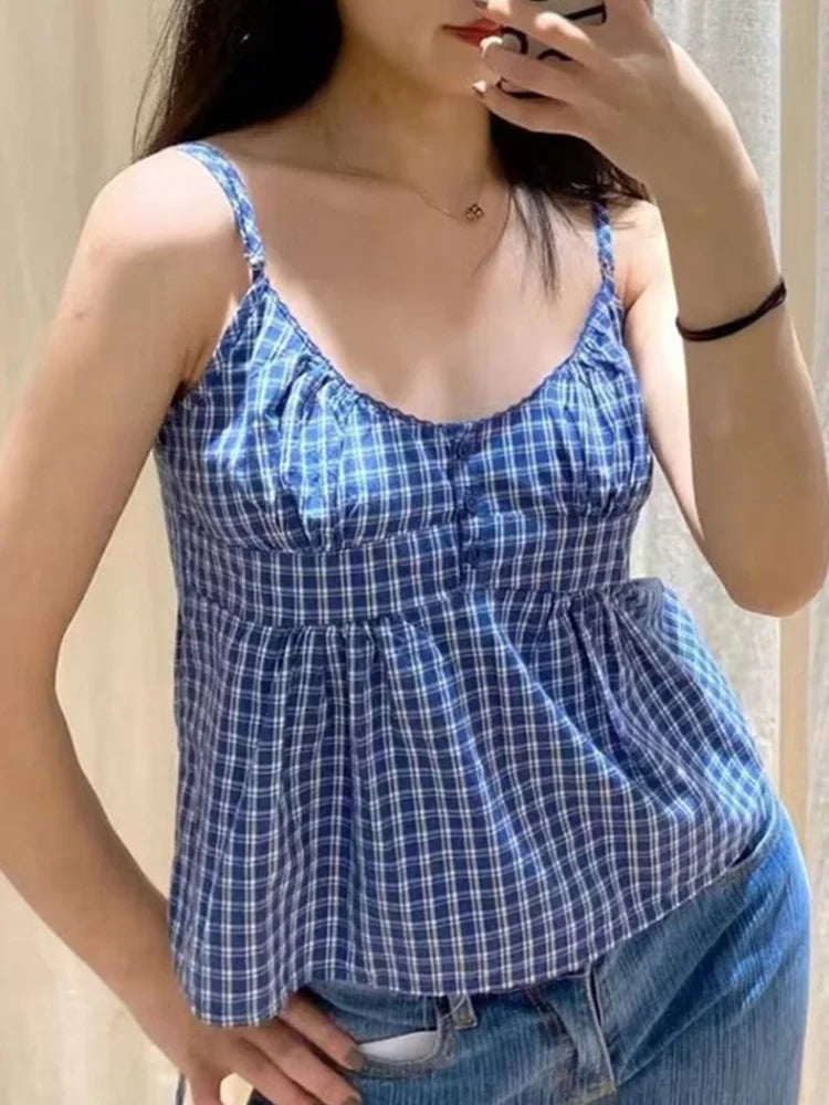 Blue Plaid Button Camisole Sleeveless Vintage Summer Top