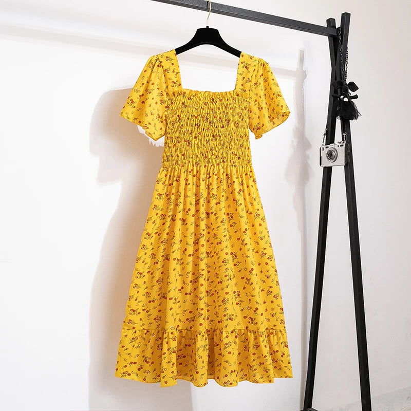 Spring Summer Floral Chiffon Midi Dress