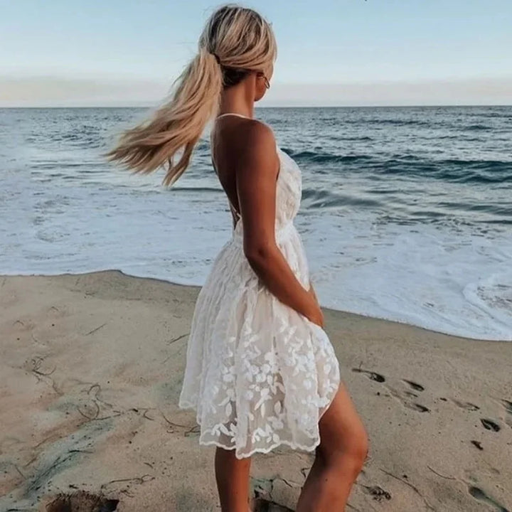 White Embroidery Backless Summer Beach Party V-neck Women Dress