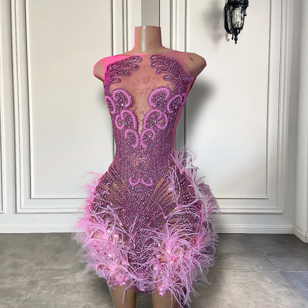 Sparkly Diamond Luxury Pink Feather Mini Dress