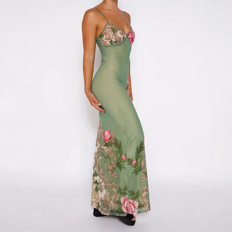 Sleeveless Print V-neck Slim Long Dress