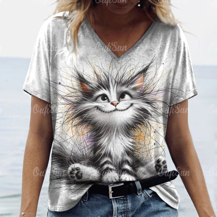 Oversized Cat Print Crew Neck Casual T-Shirt