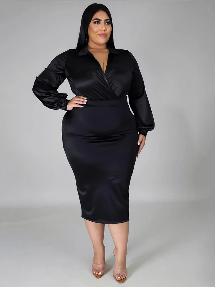 Plus Size Women’s Satin Long Sleeve Bodysuit Two-Piece Set