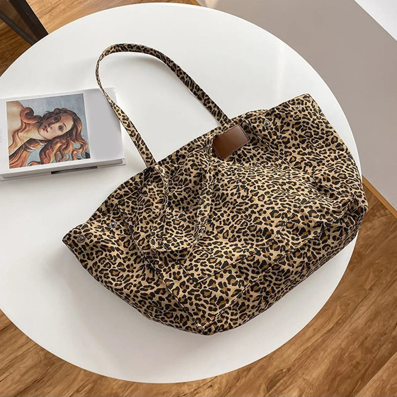 Oversized Leopard Print Canvas Shoulder Bag