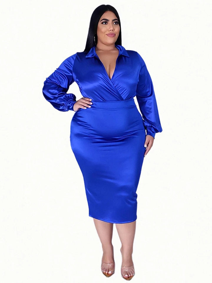 Plus Size Women’s Satin Long Sleeve Bodysuit Two-Piece Set