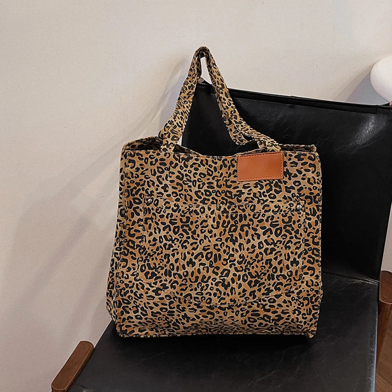 Oversized Leopard Print Canvas Shoulder Bag