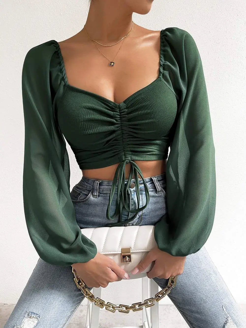 Sweetheart Neck Ruched Lantern Sleeve Crop Top