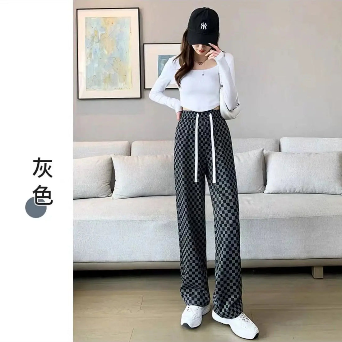 Plaid Loose Trousers High Waist Elastic Baggy Casual Pants