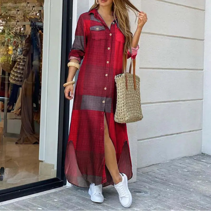 Elegant Long Sleeve Plaid Robe Maxi Shirt Dress