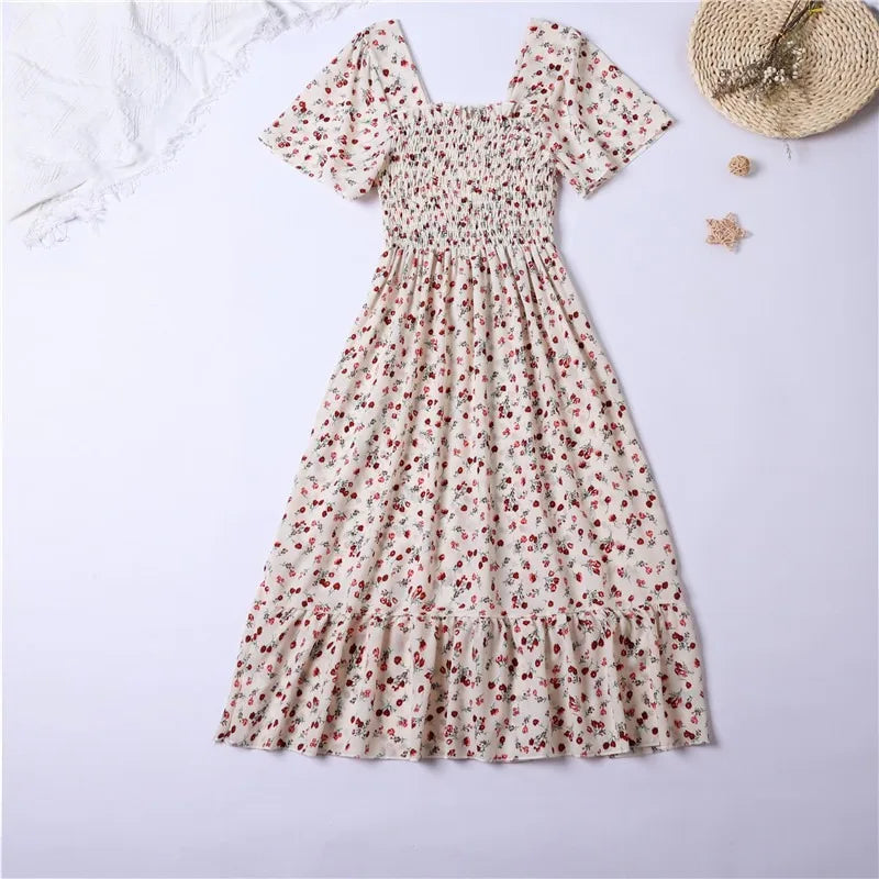 Spring Summer Floral Chiffon Midi Dress