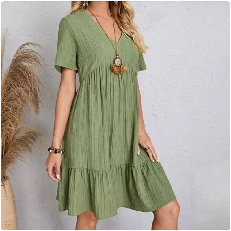 V-Neck Short Sleeve Loose Waist Ruffle Dress