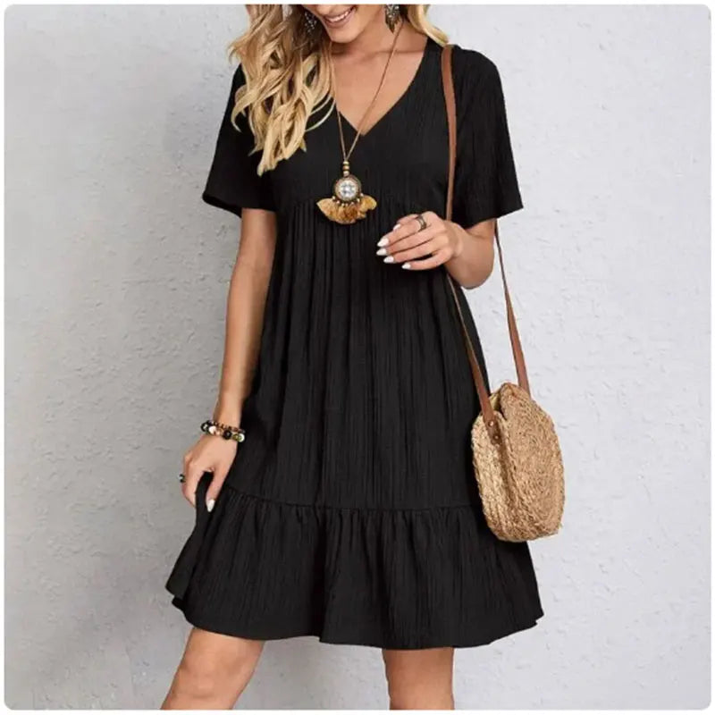 V-Neck Short Sleeve Loose Waist Ruffle Dress