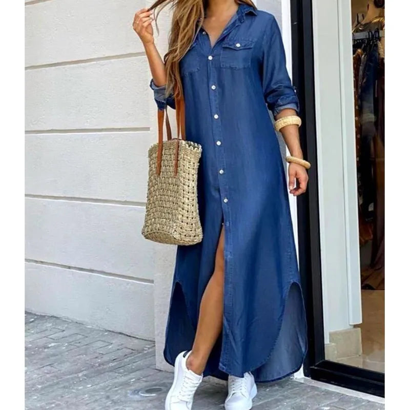 Elegant Long Sleeve Plaid Robe Maxi Shirt Dress