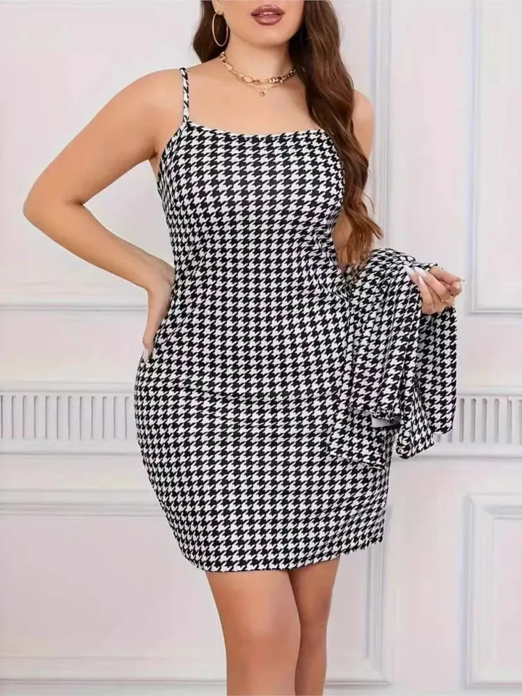 Plus Size Houndstooth Plaid Two-Piece Cropped Coat Set