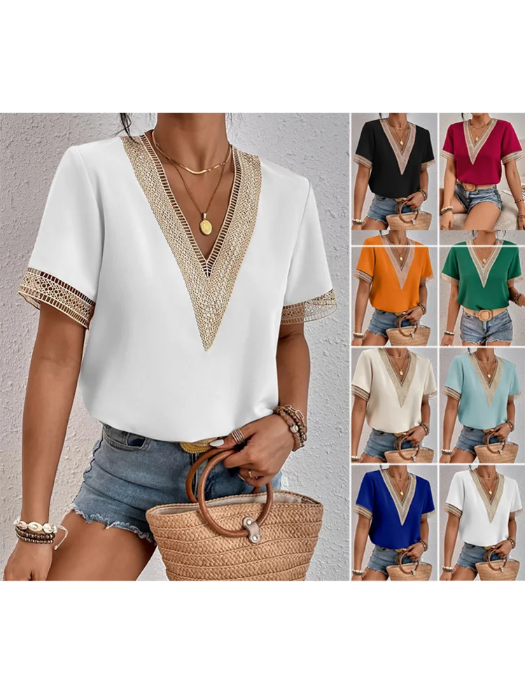 Summer Lace V-Neck Casual Short-Sleeve Pullover Blouse