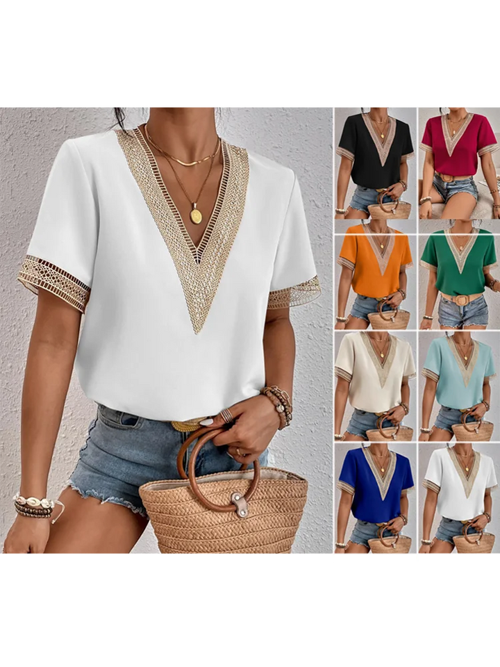 Summer Lace V-Neck Casual Short-Sleeve Pullover Blouse