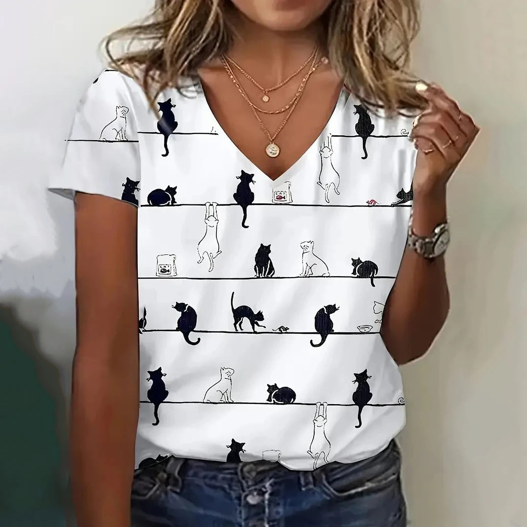 Oversized Cat Print Crew Neck Casual T-Shirt