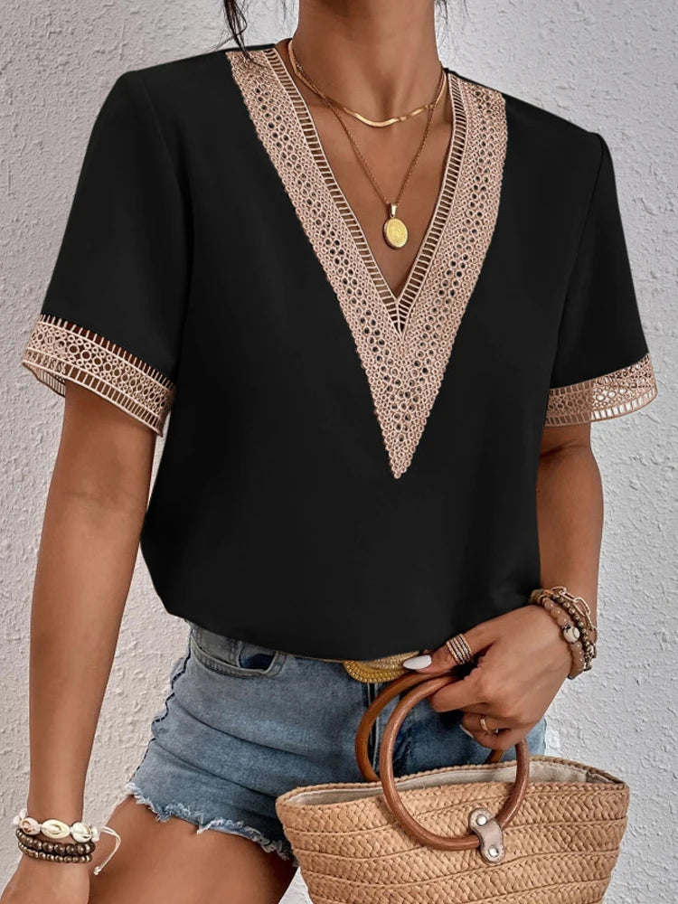 Summer Lace V-Neck Casual Short-Sleeve Pullover Blouse