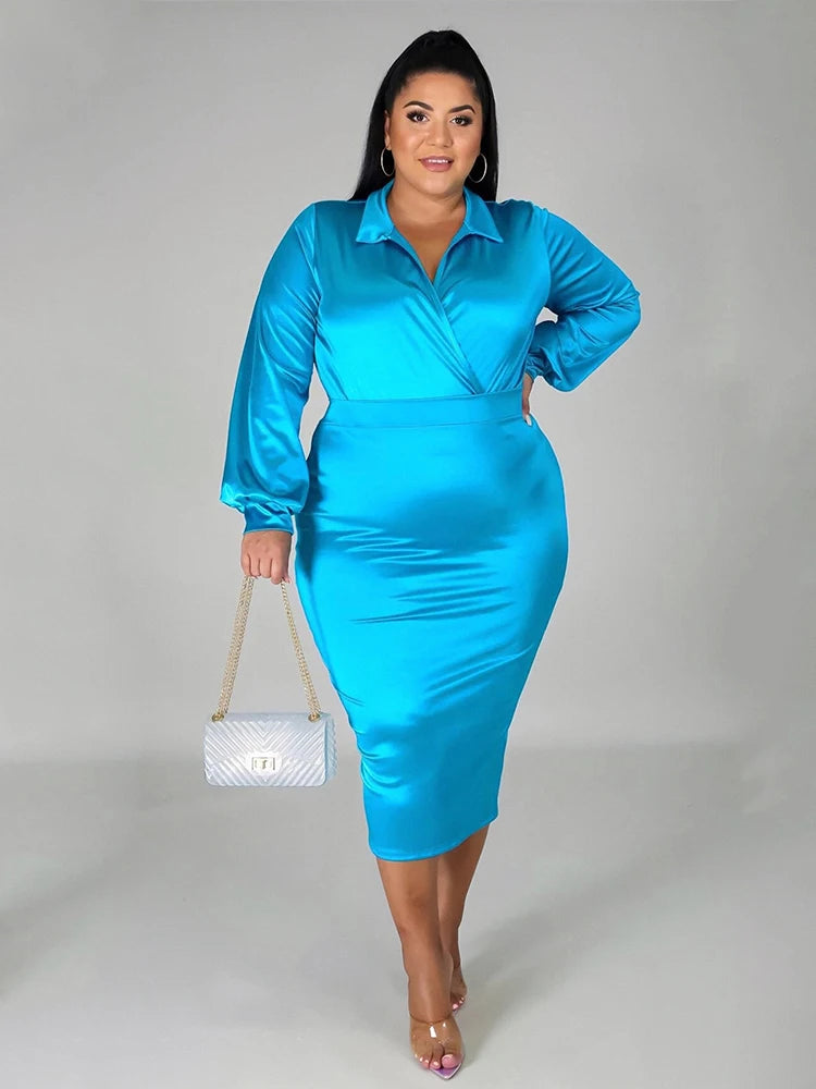 Plus Size Women’s Satin Long Sleeve Bodysuit Two-Piece Set