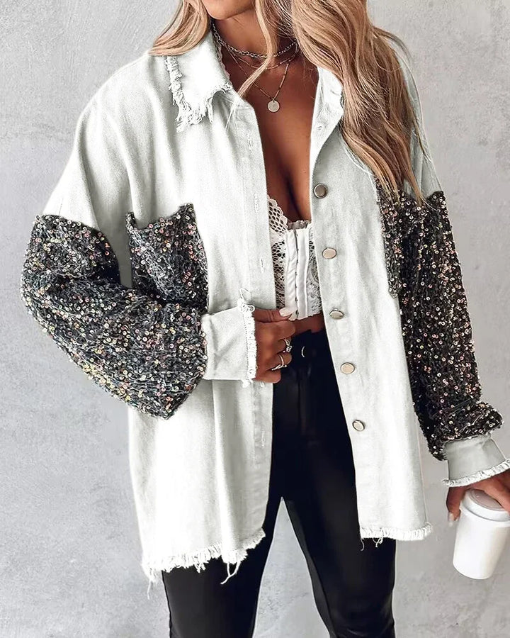 Women’s Denim Contrast Sequin Raw Hem Jacket