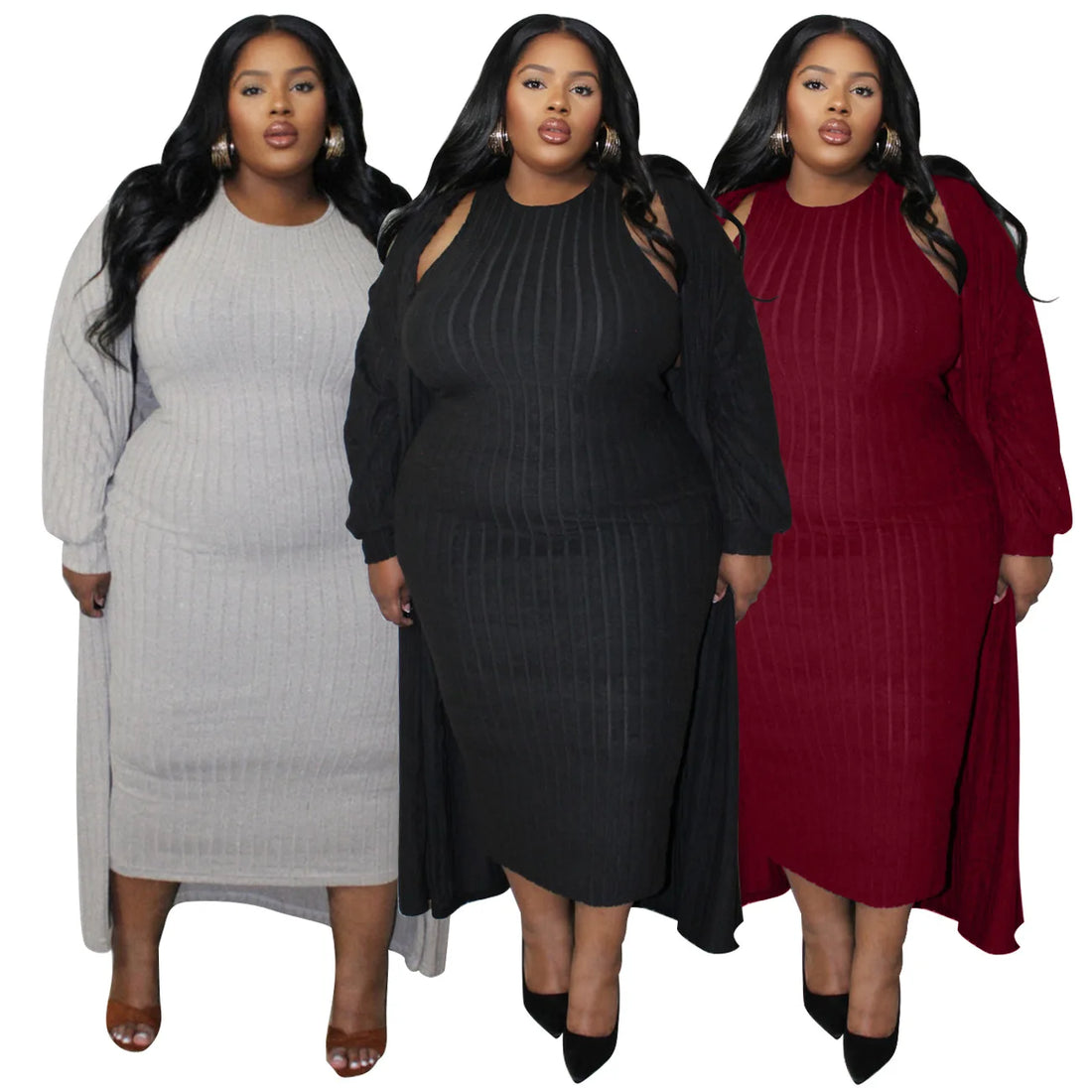 Plus Size Ribbed Cardigan and Dress