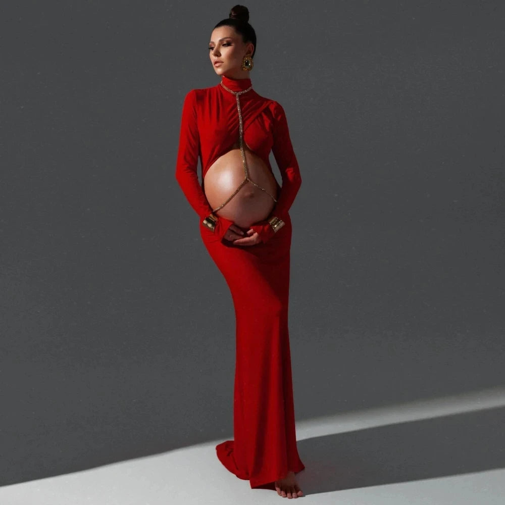 Long Train High Neck Stretchy Maternity Baby Shower Photo Shoot Dress