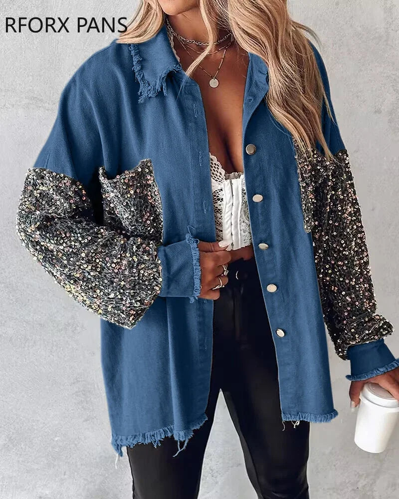 Women’s Denim Contrast Sequin Raw Hem Jacket