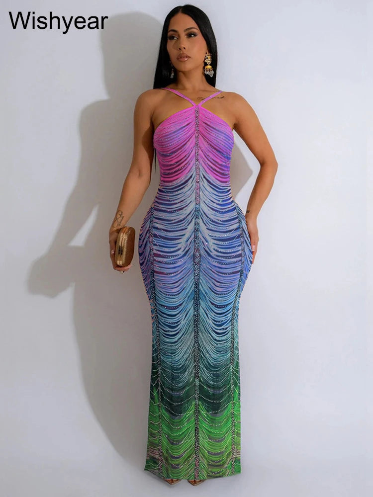 Gradient Rhinestone Tie Dye Halter Mermaid Dress