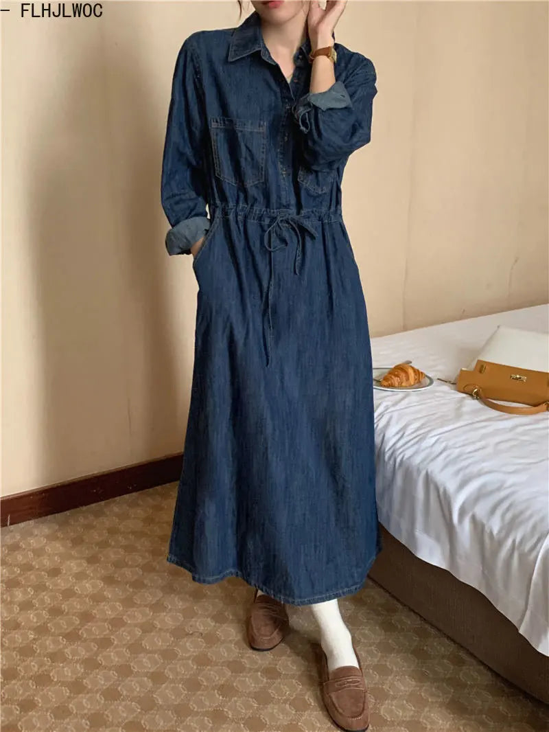 Women Retro Vintage Blue Long Shirt Dress