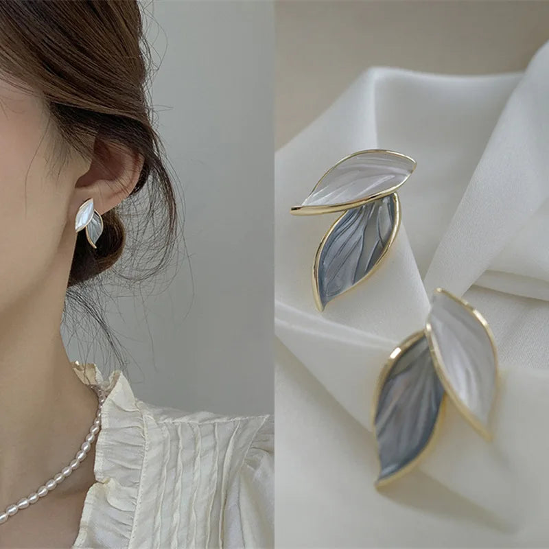 Trendy Sweet Grey Leaf Stud Earrings for Women