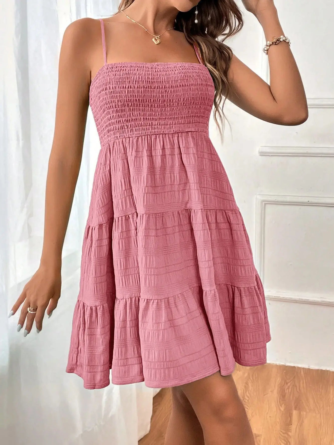 Summer Solid Color Thin Strap One-Line Neckline Versatile Dress