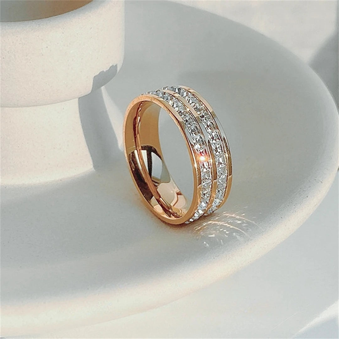 Luxury Rose Gold Double Row Zircon Stainless Steel Ring