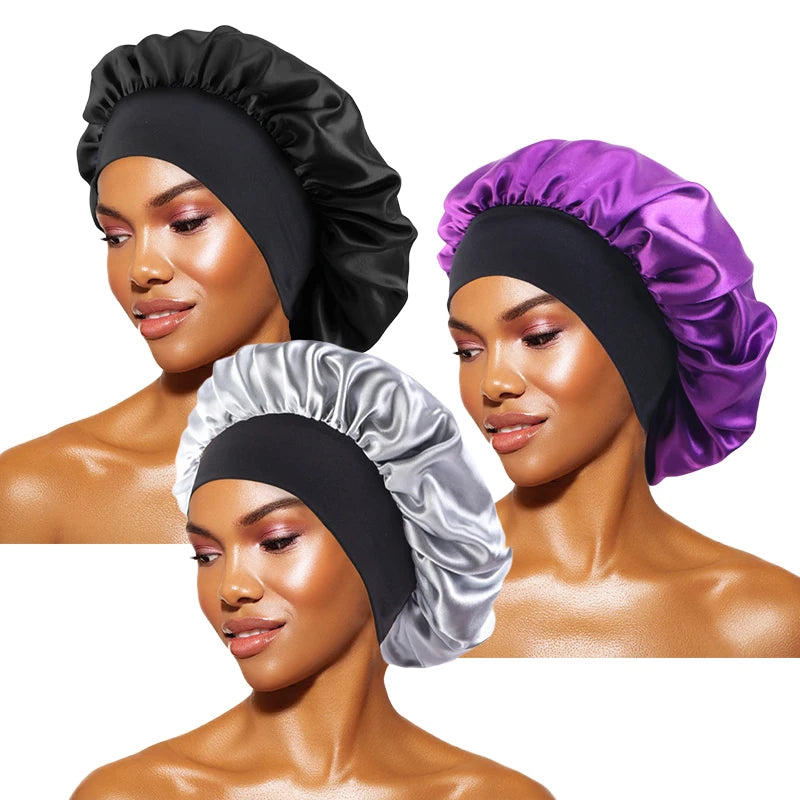 Satin Wide-Brimmed Bonnet Unisex Hair Care Elastic Band