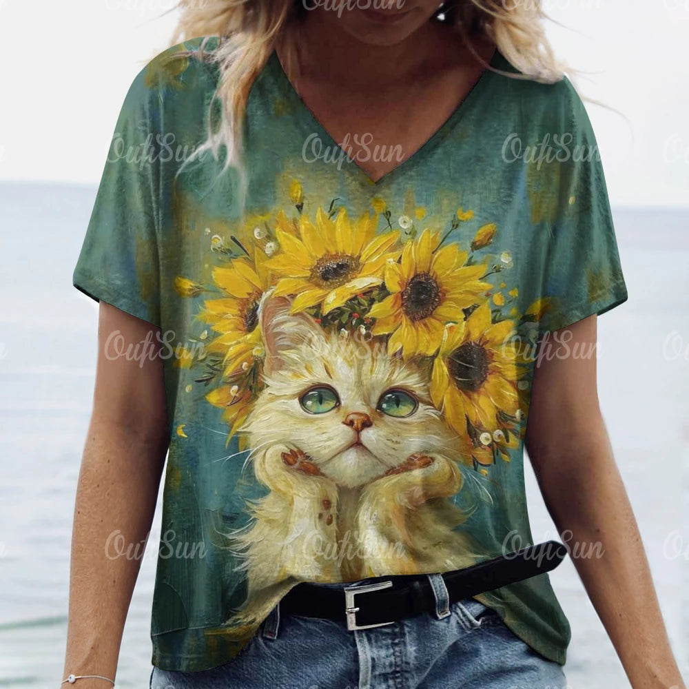 Oversized Cat Print Crew Neck Casual T-Shirt