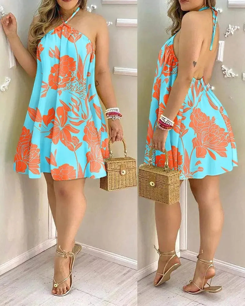 Tropical Print Halter Neck Backless Dress