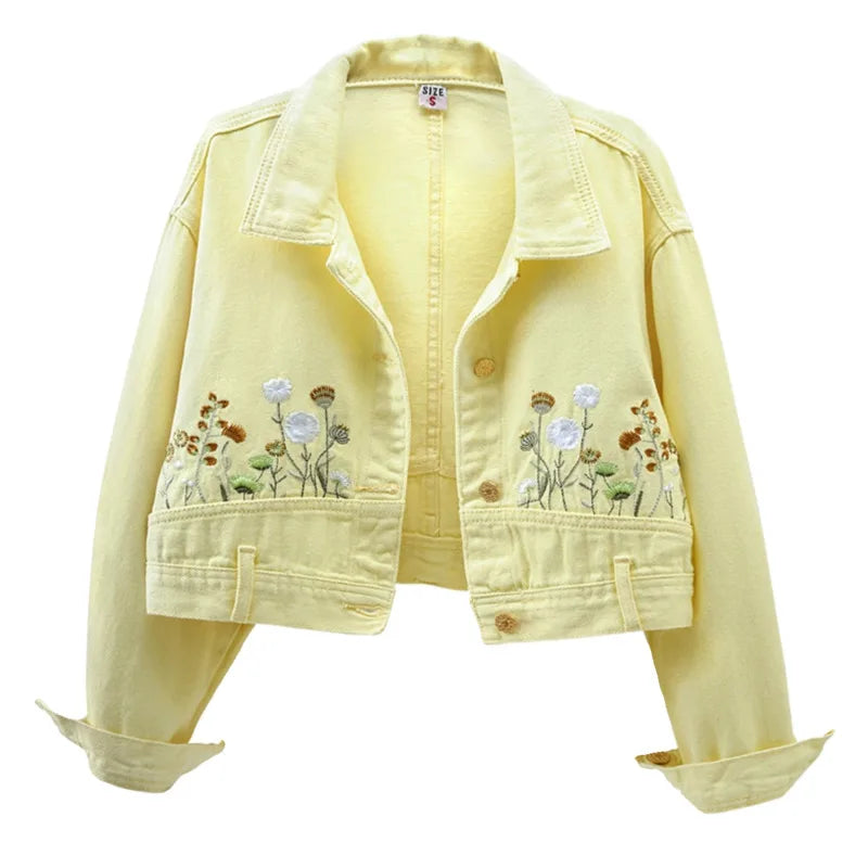 Chic Floral Embroidery Crop Denim Jacket