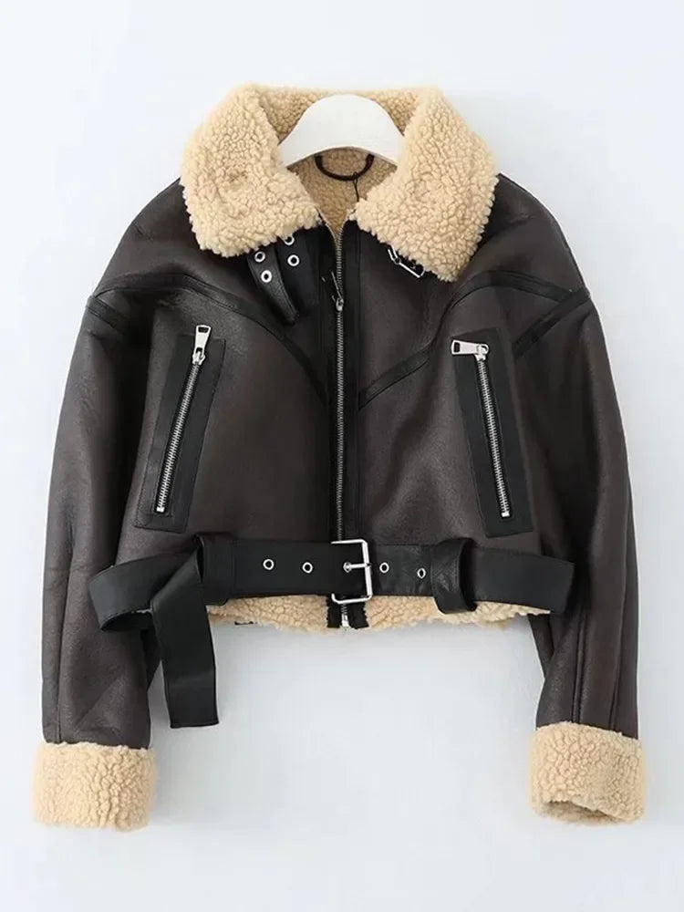 Women’s Winter Faux Lamb Leather Moto Jacket with Belt & Fur